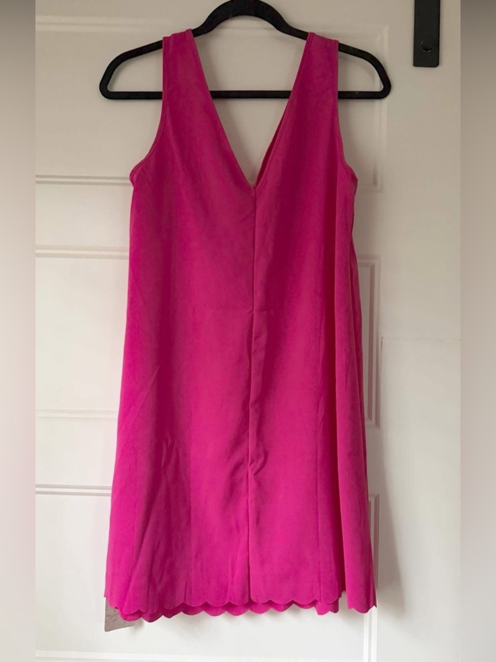V-Neck Scallop-Hem Mini Dress in Bright Pink